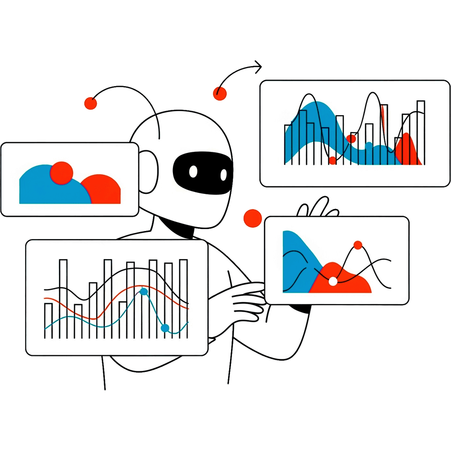 Illustration of a robot looking at charts and graphs