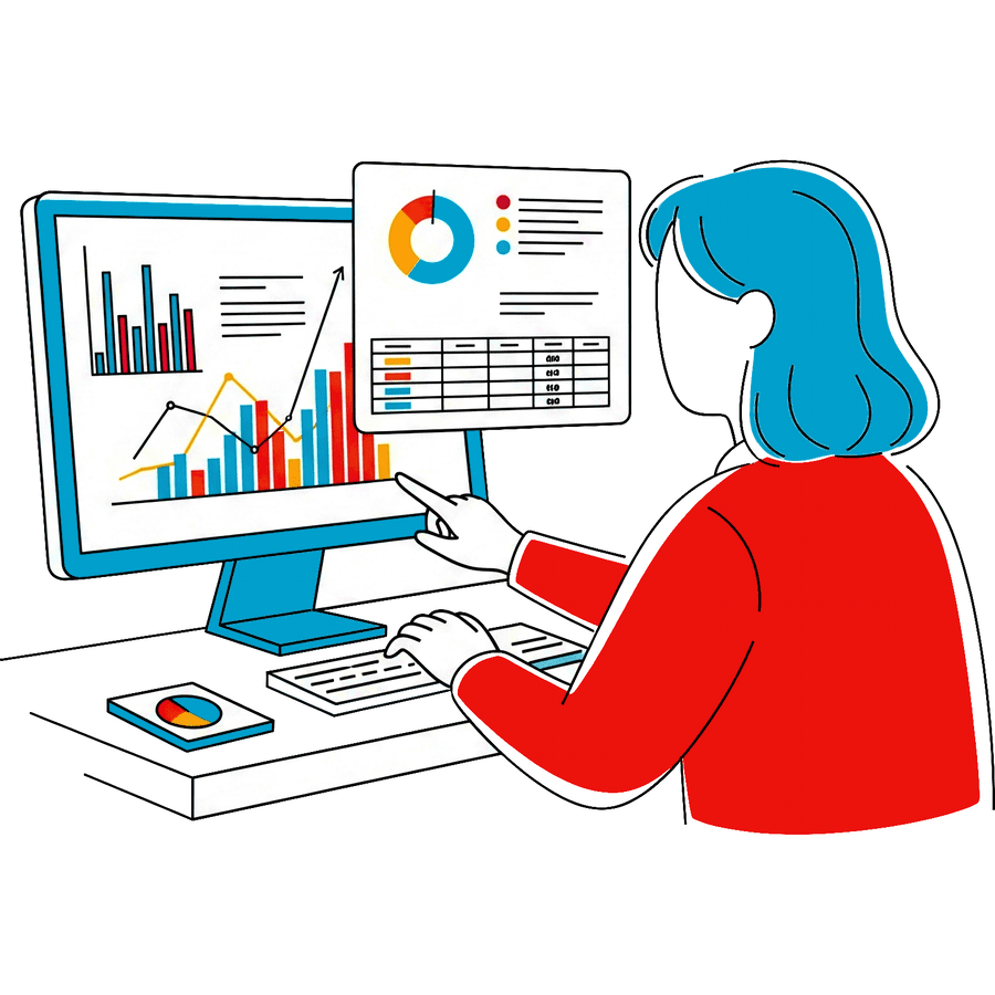 Illustration of a person looking at a screen with charts and graphs
