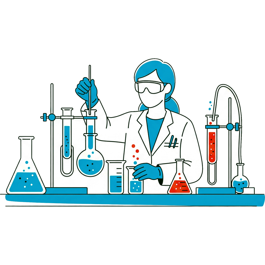 Illustration of a person in a lab coat with a number of beakers and test tubes